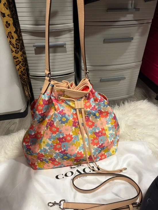 Coach Floral Drawstring Bucket Bag - Pink, Red, Blue, Yellow, Cream - Picture 2 of 15